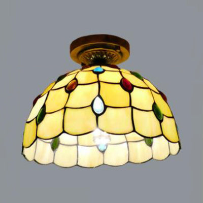 Stained Glass Dome Flush Light with Sunflower/Rose/Pearl/Grape/Dragonfly Pattern Rustic Tiffany 1 Light Flush Ceiling Light in Antique Brass Antique Brass Pearl Clearhalo 'Ceiling Lights' 'Chandeliers' 'Close To Ceiling Lights' 'Close to ceiling' 'Glass shade' 'Glass' 'Semi-flushmount' 'Tiffany close to ceiling' 'Tiffany' Lighting' 63512