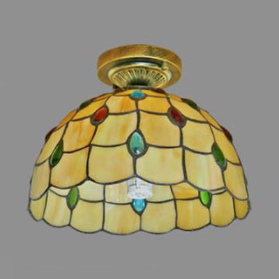 Stained Glass Dome Flush Light with Sunflower/Rose/Pearl/Grape/Dragonfly Pattern Rustic Tiffany 1 Light Flush Ceiling Light in Antique Brass Clearhalo 'Ceiling Lights' 'Chandeliers' 'Close To Ceiling Lights' 'Close to ceiling' 'Glass shade' 'Glass' 'Semi-flushmount' 'Tiffany close to ceiling' 'Tiffany' Lighting' 63513