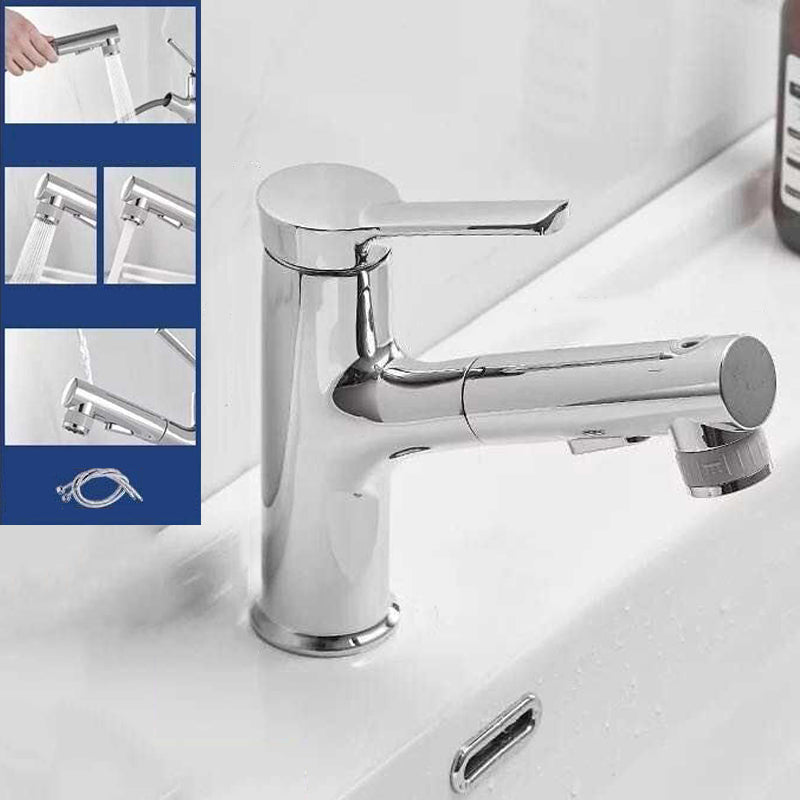 Modern Design Bathroom Faucet Single Handle Faucet with Water Hose Silver 6.5" Clearhalo 'Bathroom Remodel & Bathroom Fixtures' 'Bathroom Sink Faucets' 'Bathroom Sinks & Faucet Components' 'bathroom_sink_faucets' 'Home Improvement' 'home_improvement' 'home_improvement_bathroom_sink_faucets' 6352940