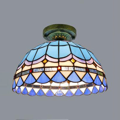 Tiffany Style Victorian/Flower/Pearl/Baroque Design Flush Lamp Stained Glass Shade 1 Head Flush Mount Light in Antique Brass/Bronze for Living Room Bronze Baroque Clearhalo 'Ceiling Lights' 'Close To Ceiling Lights' 'Close to ceiling' 'Glass shade' 'Glass' 'Semi-flushmount' 'Tiffany close to ceiling' 'Tiffany' Lighting' 63562