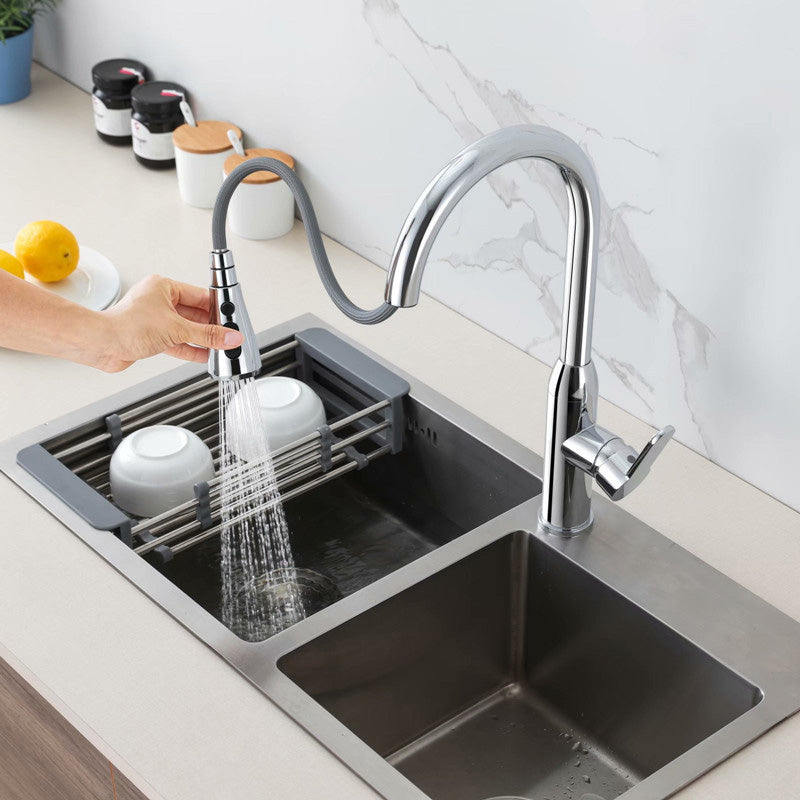 Modern Copper Kitchen Sink Faucet Single Handle High Arc Retractable Kitchen Faucet Chrome Clearhalo 'Home Improvement' 'home_improvement' 'home_improvement_kitchen_faucets' 'Kitchen Faucets' 'Kitchen Remodel & Kitchen Fixtures' 'Kitchen Sinks & Faucet Components' 'kitchen_faucets' 6365652