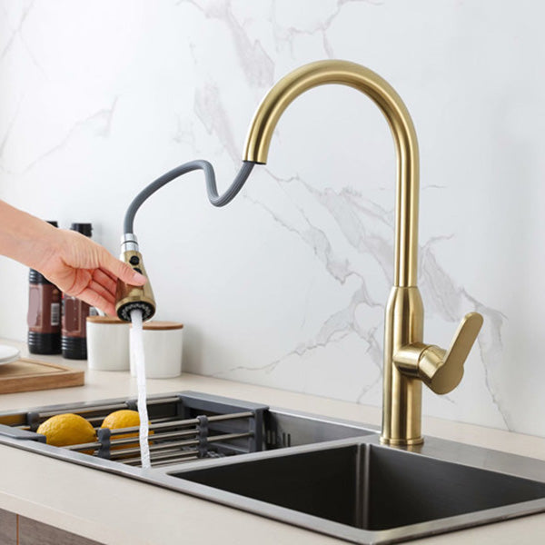 Modern Copper Kitchen Sink Faucet Single Handle High Arc Retractable Kitchen Faucet Gold Clearhalo 'Home Improvement' 'home_improvement' 'home_improvement_kitchen_faucets' 'Kitchen Faucets' 'Kitchen Remodel & Kitchen Fixtures' 'Kitchen Sinks & Faucet Components' 'kitchen_faucets' 6365654