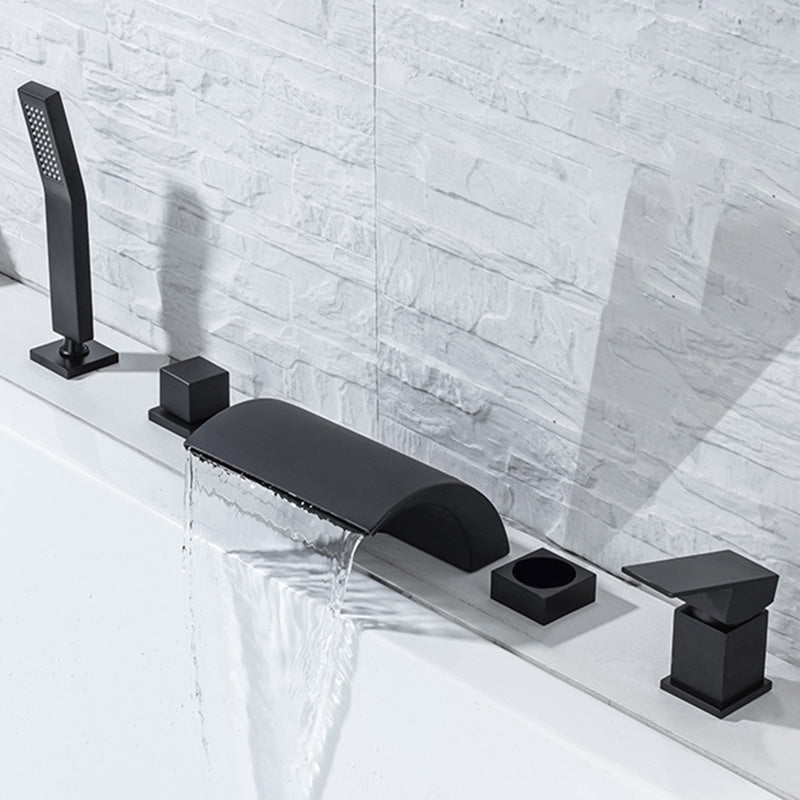 Modern Waterfall Tub Spout 2 Handles Deck Mount Roman Tub Faucet in Black and Chrome Clearhalo 'Bathroom Remodel & Bathroom Fixtures' 'Bathtub Faucets' 'bathtub_faucets' 'Home Improvement' 'home_improvement' 'home_improvement_bathtub_faucets' 6365965