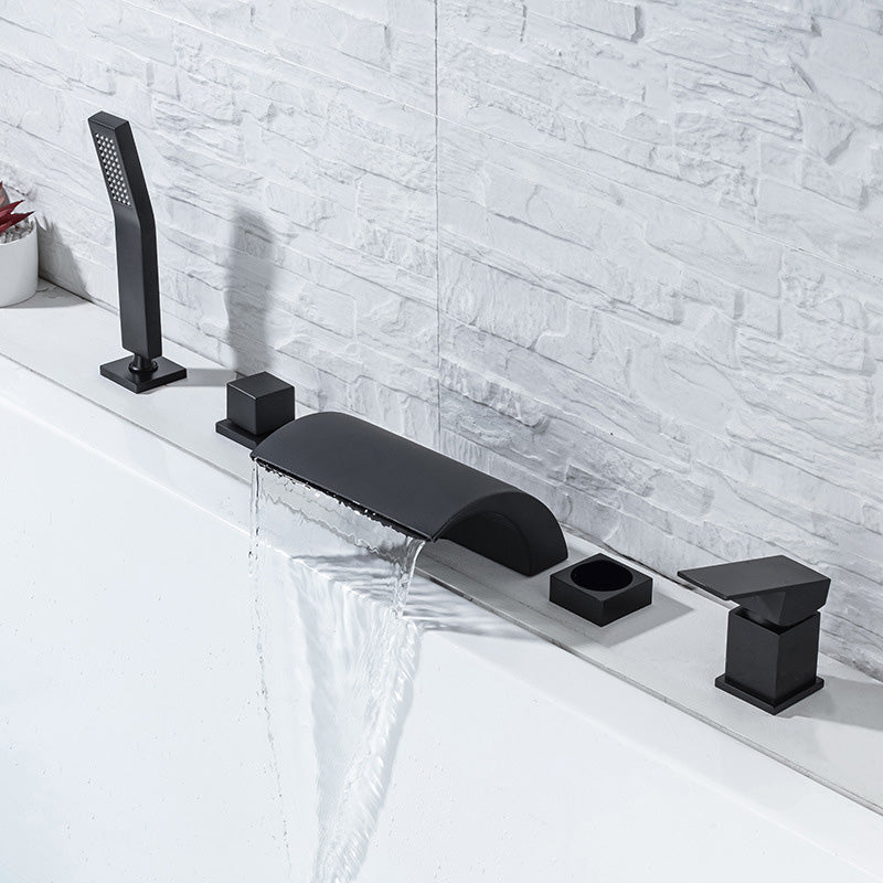 Modern Waterfall Tub Spout 2 Handles Deck Mount Roman Tub Faucet in Black and Chrome Clearhalo 'Bathroom Remodel & Bathroom Fixtures' 'Bathtub Faucets' 'bathtub_faucets' 'Home Improvement' 'home_improvement' 'home_improvement_bathtub_faucets' 6365968