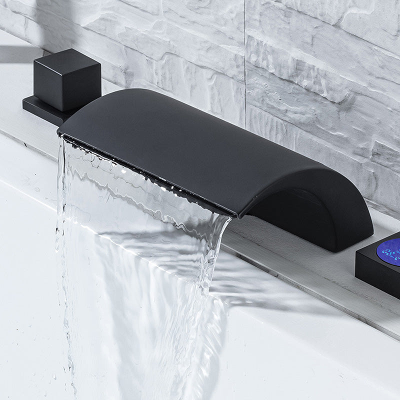 Modern Waterfall Tub Spout 2 Handles Deck Mount Roman Tub Faucet in Black and Chrome Clearhalo 'Bathroom Remodel & Bathroom Fixtures' 'Bathtub Faucets' 'bathtub_faucets' 'Home Improvement' 'home_improvement' 'home_improvement_bathtub_faucets' 6365973