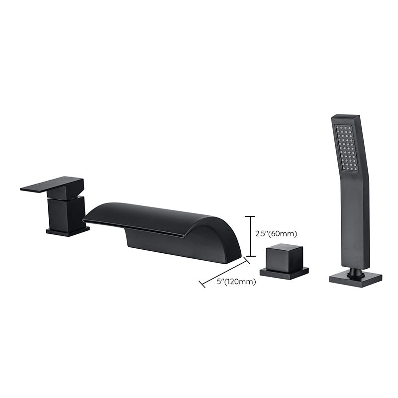 Modern Waterfall Tub Spout 2 Handles Deck Mount Roman Tub Faucet in Black and Chrome Clearhalo 'Bathroom Remodel & Bathroom Fixtures' 'Bathtub Faucets' 'bathtub_faucets' 'Home Improvement' 'home_improvement' 'home_improvement_bathtub_faucets' 6365983