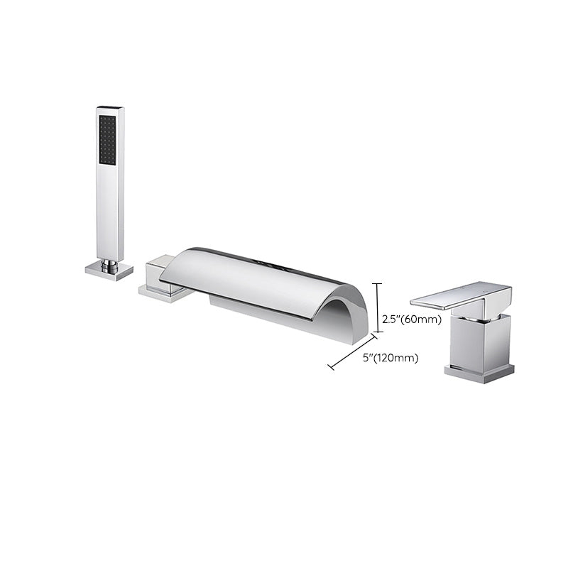 Modern Waterfall Tub Spout 2 Handles Deck Mount Roman Tub Faucet in Black and Chrome Clearhalo 'Bathroom Remodel & Bathroom Fixtures' 'Bathtub Faucets' 'bathtub_faucets' 'Home Improvement' 'home_improvement' 'home_improvement_bathtub_faucets' 6365985