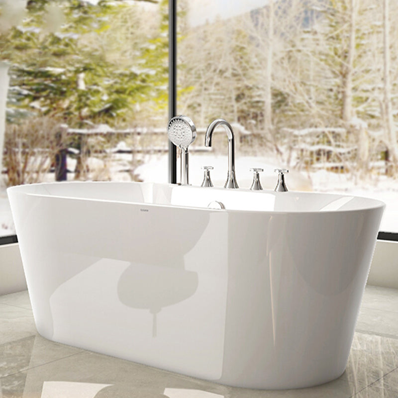 Modern Acrylic White Bathtub Ellipse Back to Wall with Drain Bath Tub 55"L x 28"W x 24"H Tub with Silver 5-Piece Set Clearhalo 'Bathroom Remodel & Bathroom Fixtures' 'Bathtubs' 'Home Improvement' 'home_improvement' 'home_improvement_bathtubs' 'Showers & Bathtubs' 6367922