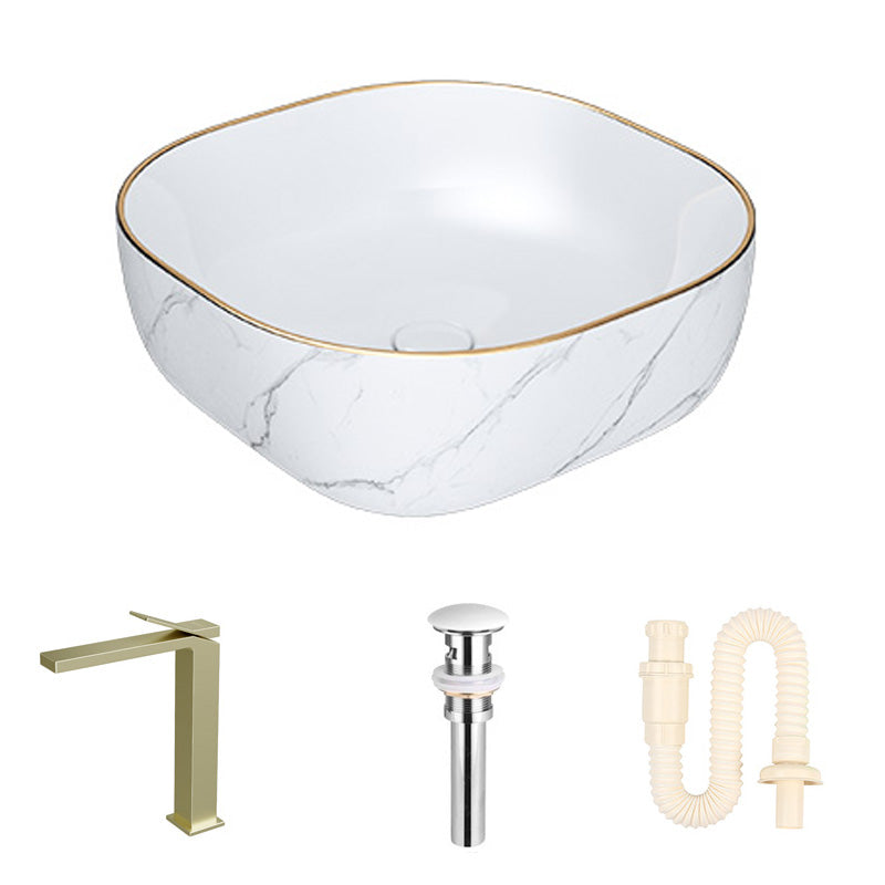 Modern Bathroom Sink Porcelain Pop-Up Drain Solid Color Rectangular Vessel 16.5"L x 16.5"W x 5.7"H Sink with Faucet Gold Clearhalo 'Bathroom Remodel & Bathroom Fixtures' 'Bathroom Sinks & Faucet Components' 'Bathroom Sinks' 'bathroom_sink' 'Home Improvement' 'home_improvement' 'home_improvement_bathroom_sink' 6368099