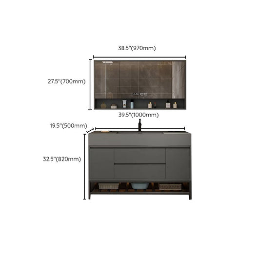 Grey Vanity Set Single Sink Shelving Included Drawers Stone Top Bath Vanity with Mirror Clearhalo 'Bathroom Remodel & Bathroom Fixtures' 'Bathroom Vanities' 'bathroom_vanities' 'Home Improvement' 'home_improvement' 'home_improvement_bathroom_vanities' 6380585