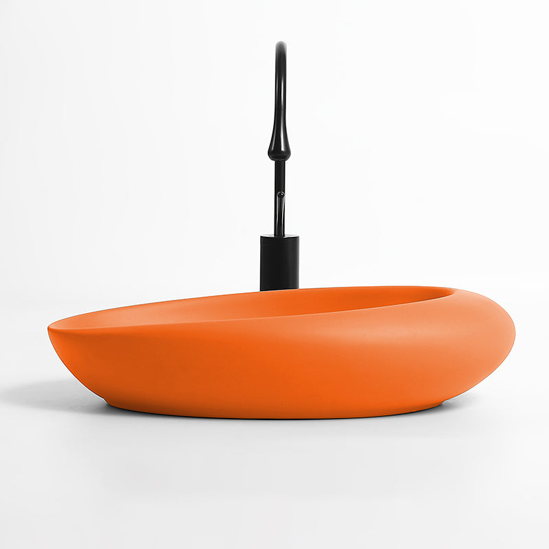 Modern Vessel Bathroom Sink Oval Porcelain with Pop-Up Drain Wash Stand 22.8"L x 14.6"W x 5.1"H Orange Gooseneck Faucet Clearhalo 'Bathroom Remodel & Bathroom Fixtures' 'Bathroom Sinks & Faucet Components' 'Bathroom Sinks' 'bathroom_sink' 'Home Improvement' 'home_improvement' 'home_improvement_bathroom_sink' 6381091