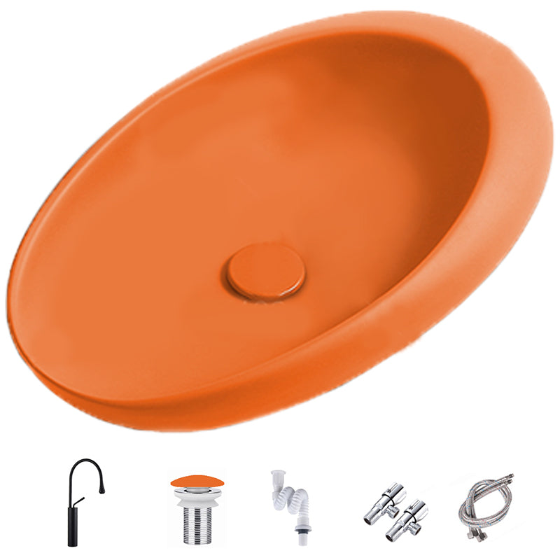 Modern Vessel Bathroom Sink Oval Porcelain with Pop-Up Drain Wash Stand 18.5"L x 11.4"W x 5.1"H Orange Gooseneck Faucet Clearhalo 'Bathroom Remodel & Bathroom Fixtures' 'Bathroom Sinks & Faucet Components' 'Bathroom Sinks' 'bathroom_sink' 'Home Improvement' 'home_improvement' 'home_improvement_bathroom_sink' 6381098