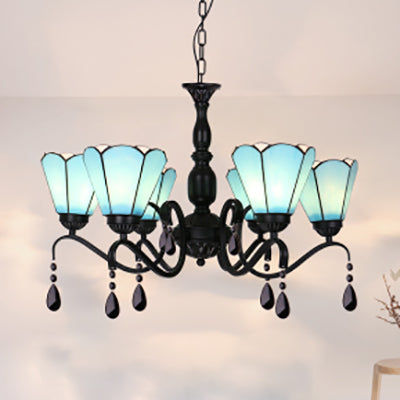 Conic Pendant Light Vintage Stained Glass 6 Lights Ceiling Light with Crystal for Bedroom Lighting Blue Clearhalo 'Ceiling Lights' 'Chandeliers' 'Industrial' 'Middle Century Chandeliers' 'Pendant Lights' 'Tiffany Chandeliers' 'Tiffany close to ceiling' 'Tiffany' Lighting' 63958