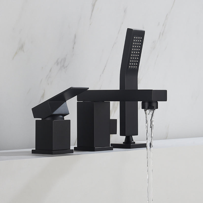 Deck Mounted Metal Freestanding Tub Filler Single Handle Freestanding Faucet Black Hand Shower Included Clearhalo 'Bathroom Remodel & Bathroom Fixtures' 'Bathtub Faucets' 'bathtub_faucets' 'Home Improvement' 'home_improvement' 'home_improvement_bathtub_faucets' 6400170