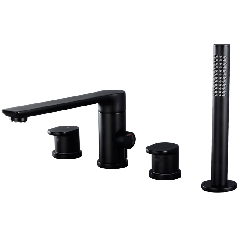 Modern Deck Mounted Metal Tub Filler Metal Tub Filler with Hose Black 4 Hole Faucets Clearhalo 'Bathroom Remodel & Bathroom Fixtures' 'Bathtub Faucets' 'bathtub_faucets' 'Home Improvement' 'home_improvement' 'home_improvement_bathtub_faucets' 6400228