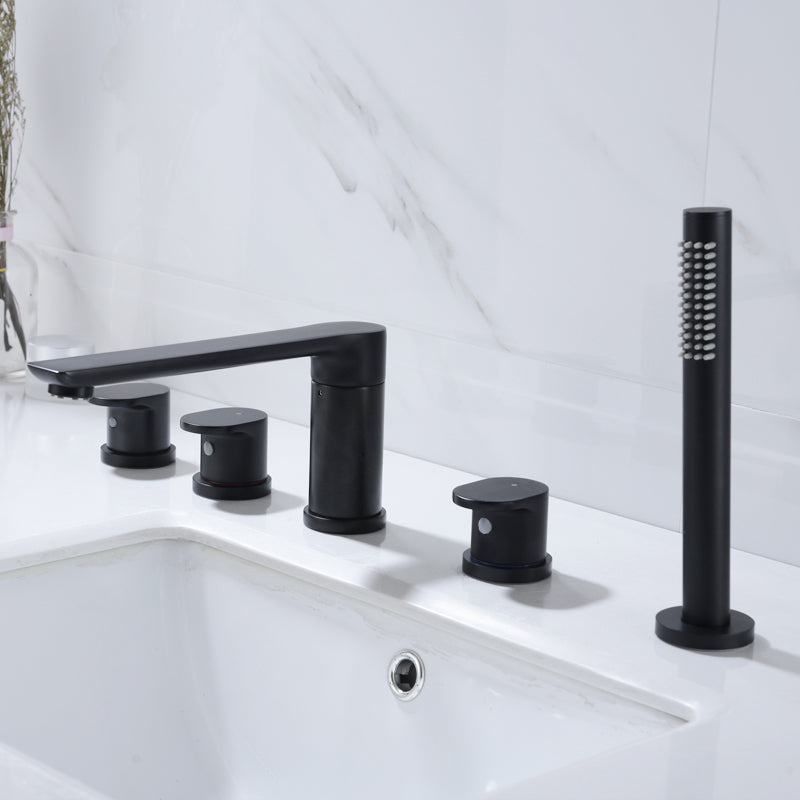 Modern Deck Mounted Metal Tub Filler Metal Tub Filler with Hose Black 5 Hole Faucets Clearhalo 'Bathroom Remodel & Bathroom Fixtures' 'Bathtub Faucets' 'bathtub_faucets' 'Home Improvement' 'home_improvement' 'home_improvement_bathtub_faucets' 6400230