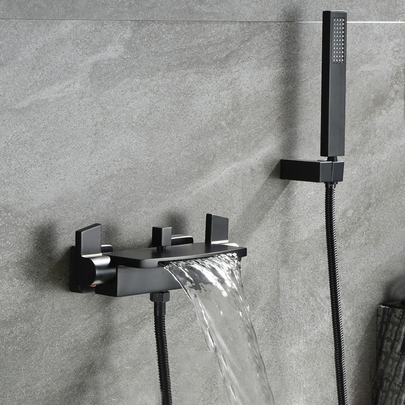 Modern Wall Mounted Metal Tub Filler Double Handles Waterfall Tub Faucet Trim Black Clearhalo 'Bathroom Remodel & Bathroom Fixtures' 'Bathtub Faucets' 'bathtub_faucets' 'Home Improvement' 'home_improvement' 'home_improvement_bathtub_faucets' 6400256