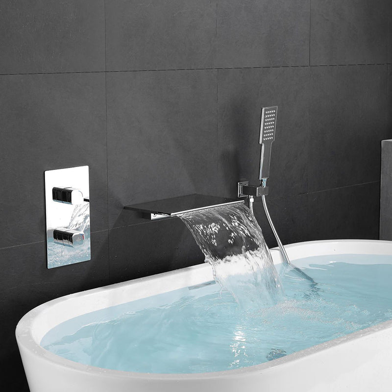 Modern Wall Mounted Metal Tub Filler Low Arc Waterfall Tub Faucet Trim Chrome Clearhalo 'Bathroom Remodel & Bathroom Fixtures' 'Bathtub Faucets' 'bathtub_faucets' 'Home Improvement' 'home_improvement' 'home_improvement_bathtub_faucets' 6400277