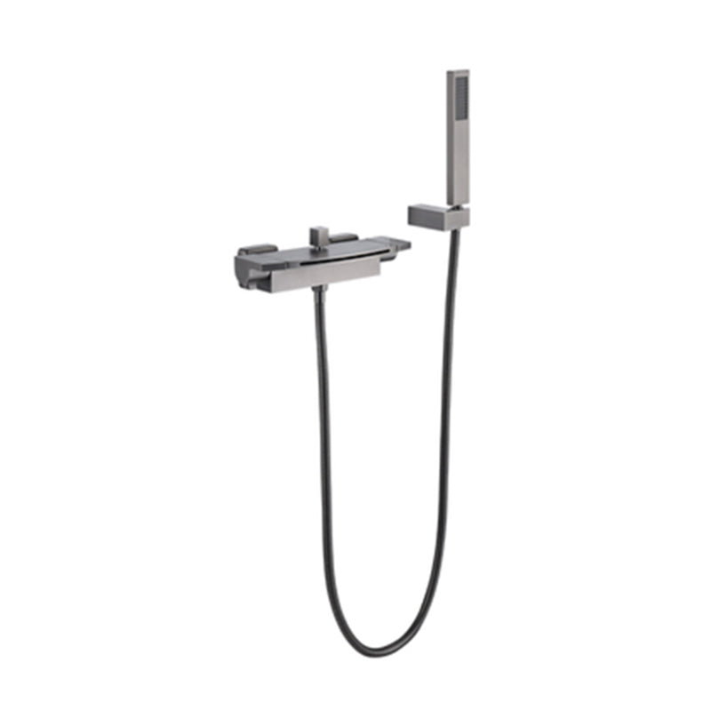 Wall Mounted Metal Tub Filler Low Arc Waterfall Double Handles Tub Faucet Trim Gun Grey Hand Shower Included Clearhalo 'Bathroom Remodel & Bathroom Fixtures' 'Bathtub Faucets' 'bathtub_faucets' 'Home Improvement' 'home_improvement' 'home_improvement_bathtub_faucets' 6400295