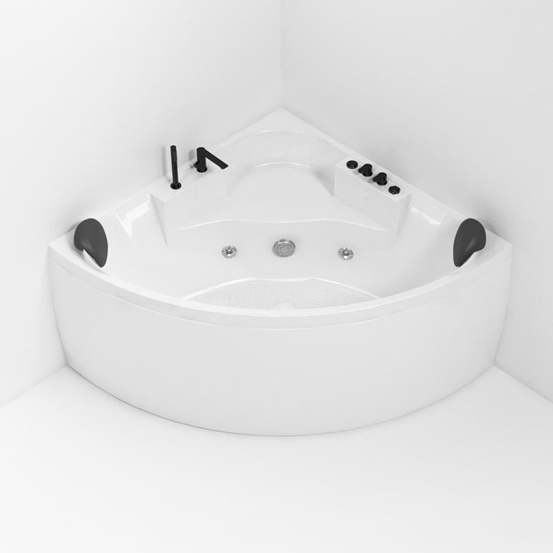 Modern Corner White Acrylic Bathtub Back to Wall with Drain and Massage Device Bath Tub Massage Tub with Black 4-Piece Set Clearhalo 'Bathroom Remodel & Bathroom Fixtures' 'Bathtubs' 'Home Improvement' 'home_improvement' 'home_improvement_bathtubs' 'Showers & Bathtubs' 6402007