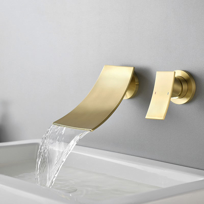 Luxury Wall Mounted Bathroom Faucet Lever Handles Low Arc Solid Brass Faucet Gold Clearhalo 'Bathroom Remodel & Bathroom Fixtures' 'Bathroom Sink Faucets' 'Bathroom Sinks & Faucet Components' 'bathroom_sink_faucets' 'Home Improvement' 'home_improvement' 'home_improvement_bathroom_sink_faucets' 6416918