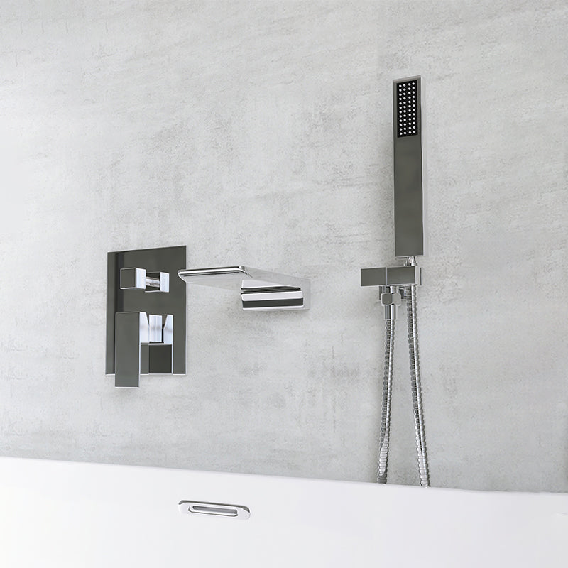 Modern Wall Mounted Metal Tub Filler Single Handle Bathroom Faucet Silver Waterfall Faucet Included Clearhalo 'Bathroom Remodel & Bathroom Fixtures' 'Bathtub Faucets' 'bathtub_faucets' 'Home Improvement' 'home_improvement' 'home_improvement_bathtub_faucets' 6417680