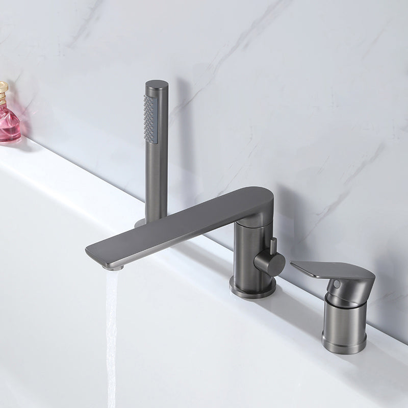 Contemporary Bathroom Faucet Deck Mounted Bathroom Faucet with Low Arc Grey Clearhalo 'Bathroom Remodel & Bathroom Fixtures' 'Bathtub Faucets' 'bathtub_faucets' 'Home Improvement' 'home_improvement' 'home_improvement_bathtub_faucets' 6417709