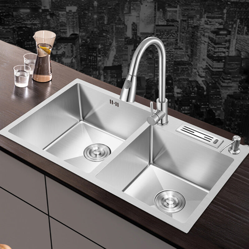 Contemporary Style Kitchen Sink Stainless Steel Double Basin Drop-In Kitchen Sink Clearhalo 'Home Improvement' 'home_improvement' 'home_improvement_kitchen_sinks' 'Kitchen Remodel & Kitchen Fixtures' 'Kitchen Sinks & Faucet Components' 'Kitchen Sinks' 'kitchen_sinks' 6423418