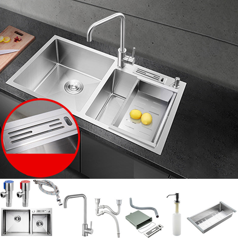 Contemporary Style Kitchen Sink Stainless Steel Double Basin Drop-In Kitchen Sink Sink with Faucet Seven Character Faucet Clearhalo 'Home Improvement' 'home_improvement' 'home_improvement_kitchen_sinks' 'Kitchen Remodel & Kitchen Fixtures' 'Kitchen Sinks & Faucet Components' 'Kitchen Sinks' 'kitchen_sinks' 6423420