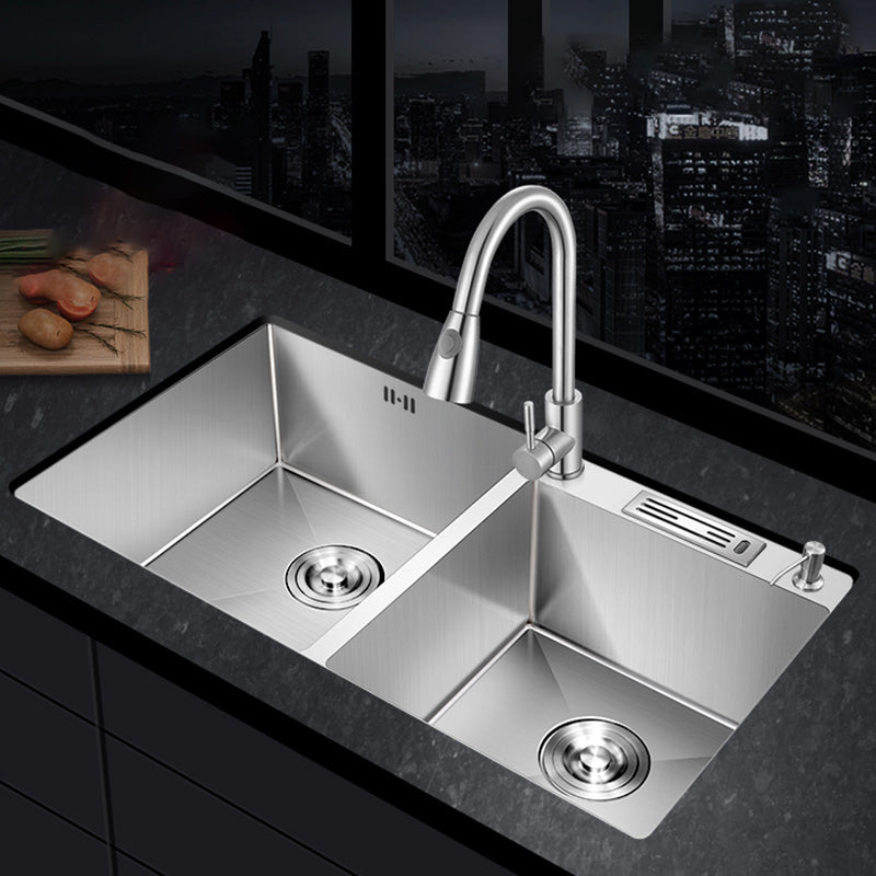 Contemporary Style Kitchen Sink Stainless Steel Double Basin Drop-In Kitchen Sink Clearhalo 'Home Improvement' 'home_improvement' 'home_improvement_kitchen_sinks' 'Kitchen Remodel & Kitchen Fixtures' 'Kitchen Sinks & Faucet Components' 'Kitchen Sinks' 'kitchen_sinks' 6423421