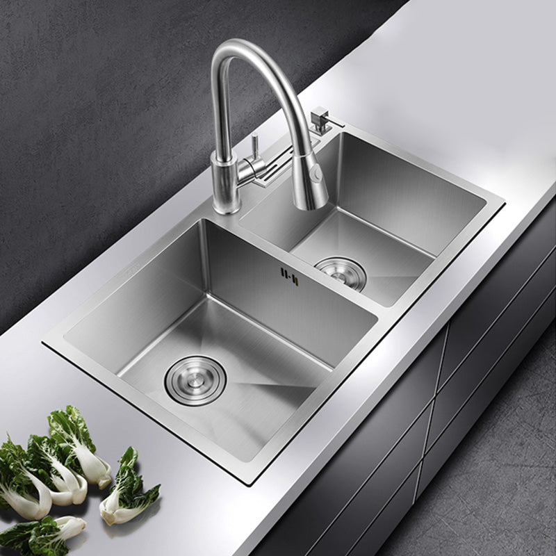 Contemporary Style Kitchen Sink Stainless Steel Double Basin Drop-In Kitchen Sink Clearhalo 'Home Improvement' 'home_improvement' 'home_improvement_kitchen_sinks' 'Kitchen Remodel & Kitchen Fixtures' 'Kitchen Sinks & Faucet Components' 'Kitchen Sinks' 'kitchen_sinks' 6423425
