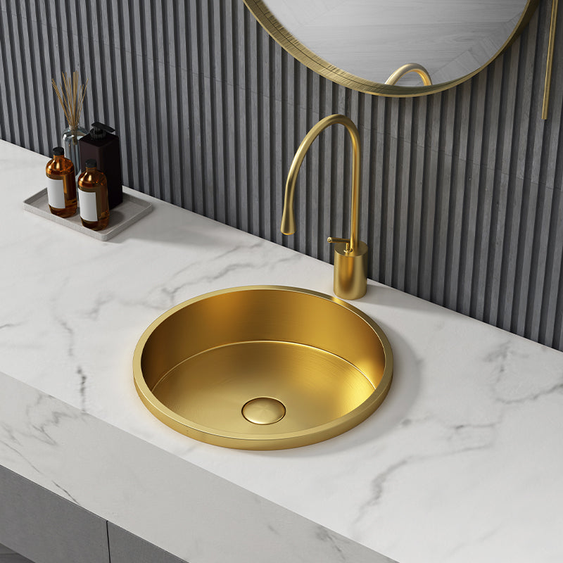 Modern No Craftsmanship Wash Stand Metal Round Bathroom Sink Gold Gooseneck/High Arc Sink with Faucet Clearhalo 'Bathroom Remodel & Bathroom Fixtures' 'Bathroom Sinks & Faucet Components' 'Bathroom Sinks' 'bathroom_sink' 'Home Improvement' 'home_improvement' 'home_improvement_bathroom_sink' 6423621