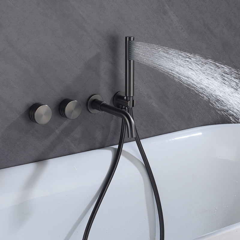 Modern Wall Mounted Metal Tub Filler Trim Low Arc Bathroom Faucet Clearhalo 'Bathroom Remodel & Bathroom Fixtures' 'Bathtub Faucets' 'bathtub_faucets' 'Home Improvement' 'home_improvement' 'home_improvement_bathtub_faucets' 6423830