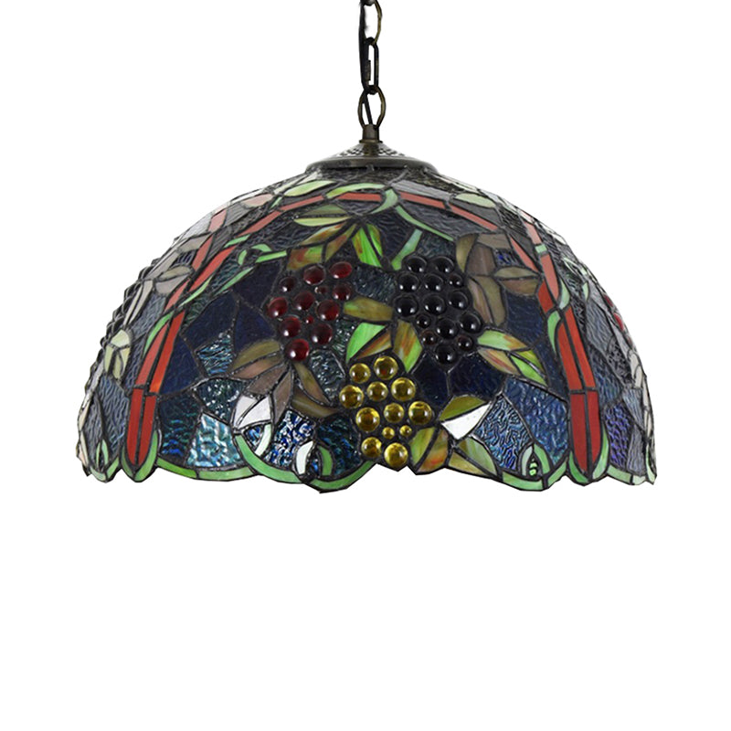 Tiffany Hemisphere Pendant Lamp 1 Head Black Hand Cut Glass Hanging Light Fixture with Grape/Leaf Pattern Clearhalo 'Ceiling Lights' 'Pendant Lights' 'Pendants' Lighting' 64241