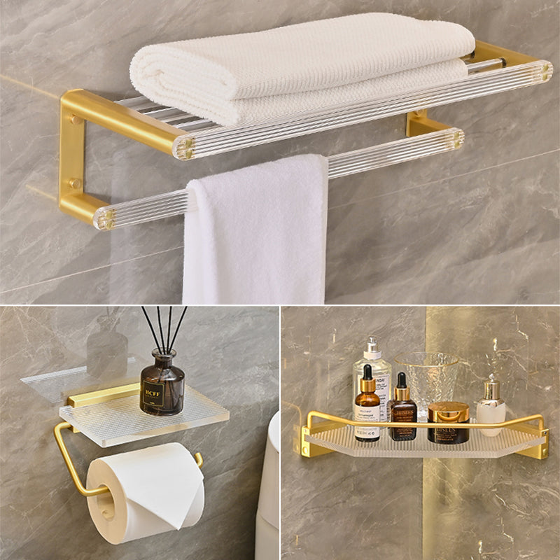 Metal and Acrylic Bathroom Accessory as Individual or as a Set in Gold 3-Piece Set (Triangle Bath Shelf) Clearhalo 'Bathroom Hardware Sets' 'Bathroom Hardware' 'Bathroom Remodel & Bathroom Fixtures' 'bathroom_hardware_sets' 'Home Improvement' 'home_improvement' 'home_improvement_bathroom_hardware_sets' 6426546