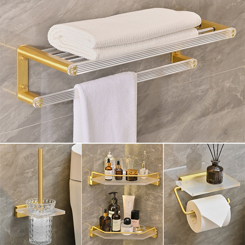 Metal and Acrylic Bathroom Accessory as Individual or as a Set in Gold 5-Piece Set (Triangle Bath Shelf) Clearhalo 'Bathroom Hardware Sets' 'Bathroom Hardware' 'Bathroom Remodel & Bathroom Fixtures' 'bathroom_hardware_sets' 'Home Improvement' 'home_improvement' 'home_improvement_bathroom_hardware_sets' 6426547