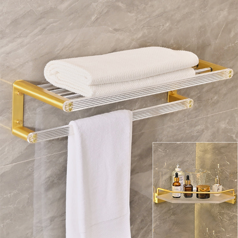 Metal and Acrylic Bathroom Accessory as Individual or as a Set in Gold 2-Piece Set (Triangular Bath Shelf) Clearhalo 'Bathroom Hardware Sets' 'Bathroom Hardware' 'Bathroom Remodel & Bathroom Fixtures' 'bathroom_hardware_sets' 'Home Improvement' 'home_improvement' 'home_improvement_bathroom_hardware_sets' 6426555