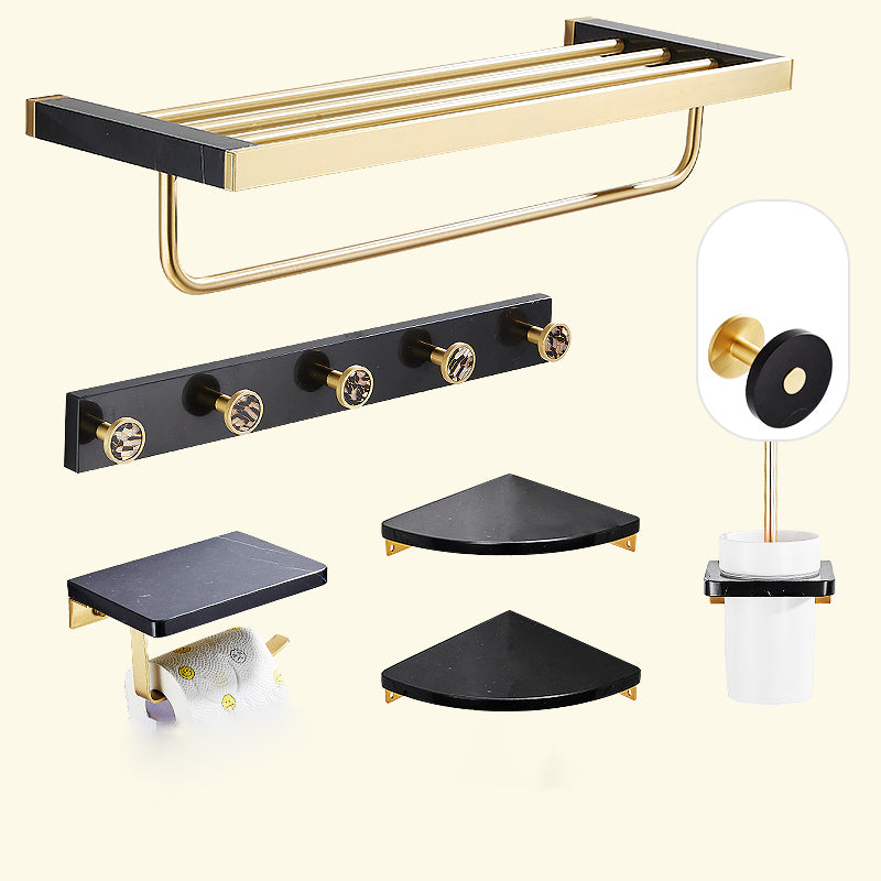 Metal and Marble Bathroom Minimalist Accessory as Individual or as a Set in Gold 7-Piece Set (Hooks) Clearhalo 'Bathroom Hardware Sets' 'Bathroom Hardware' 'Bathroom Remodel & Bathroom Fixtures' 'bathroom_hardware_sets' 'Home Improvement' 'home_improvement' 'home_improvement_bathroom_hardware_sets' 6429192