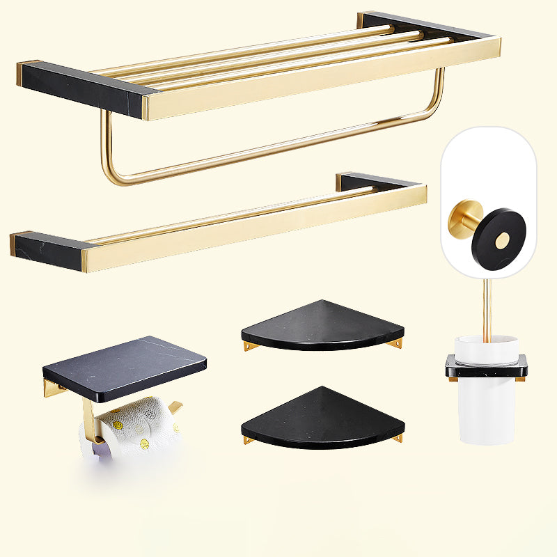 Metal and Marble Bathroom Minimalist Accessory as Individual or as a Set in Gold 7-Piece Set (Double Rods) Clearhalo 'Bathroom Hardware Sets' 'Bathroom Hardware' 'Bathroom Remodel & Bathroom Fixtures' 'bathroom_hardware_sets' 'Home Improvement' 'home_improvement' 'home_improvement_bathroom_hardware_sets' 6429193