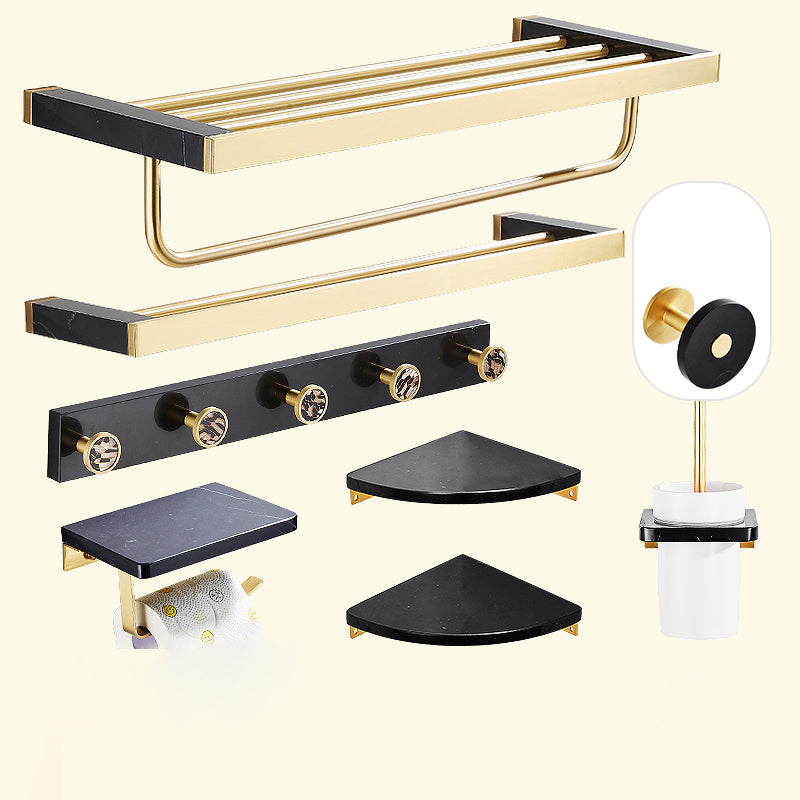 Metal and Marble Bathroom Minimalist Accessory as Individual or as a Set in Gold 8-Piece Set (Double Rods) Clearhalo 'Bathroom Hardware Sets' 'Bathroom Hardware' 'Bathroom Remodel & Bathroom Fixtures' 'bathroom_hardware_sets' 'Home Improvement' 'home_improvement' 'home_improvement_bathroom_hardware_sets' 6429201