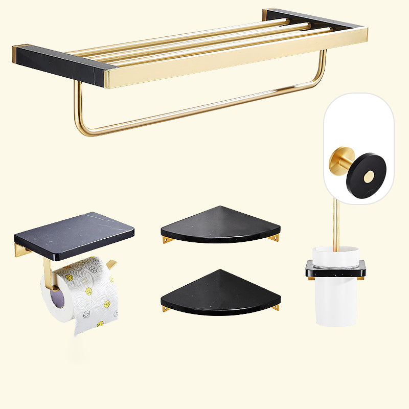 Metal and Marble Bathroom Minimalist Accessory as Individual or as a Set in Gold 6-Piece Set Clearhalo 'Bathroom Hardware Sets' 'Bathroom Hardware' 'Bathroom Remodel & Bathroom Fixtures' 'bathroom_hardware_sets' 'Home Improvement' 'home_improvement' 'home_improvement_bathroom_hardware_sets' 6429206
