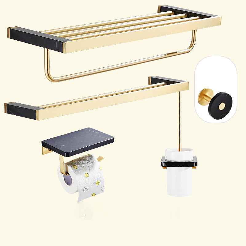 Metal and Marble Bathroom Minimalist Accessory as Individual or as a Set in Gold 5-Piece Set (Double Rods) Clearhalo 'Bathroom Hardware Sets' 'Bathroom Hardware' 'Bathroom Remodel & Bathroom Fixtures' 'bathroom_hardware_sets' 'Home Improvement' 'home_improvement' 'home_improvement_bathroom_hardware_sets' 6429208