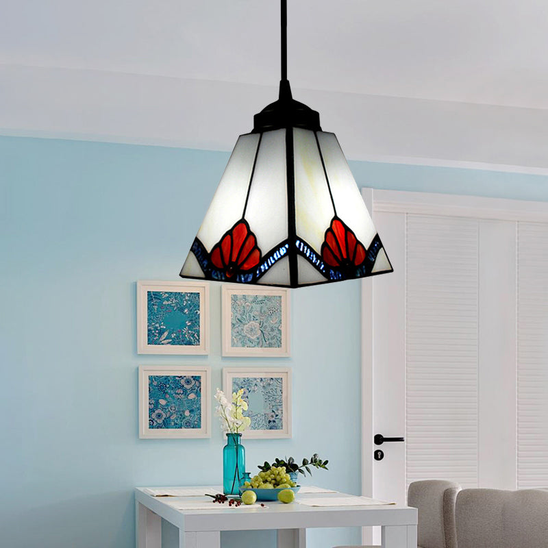 1 Bulb Magnolia/Shell Hanging Lamp Tiffany-Style Black Hand Cut Glass Pendant Light Fixture Clearhalo 'Ceiling Lights' 'Pendant Lights' 'Pendants' Lighting' 64356