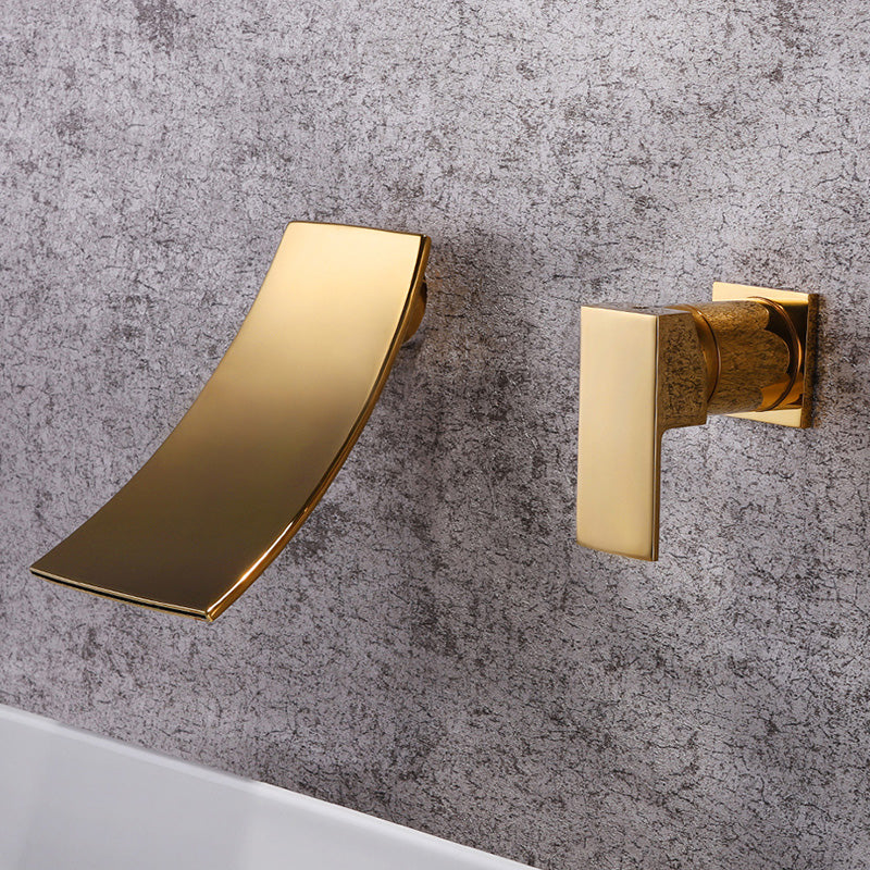 Glam Wall Mounted Bathroom Faucet Lever Handles Low Arc Solid Brass Faucet Clearhalo 'Bathroom Remodel & Bathroom Fixtures' 'Bathroom Sink Faucets' 'Bathroom Sinks & Faucet Components' 'bathroom_sink_faucets' 'Home Improvement' 'home_improvement' 'home_improvement_bathroom_sink_faucets' 6438490