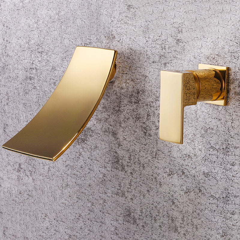 Glam Wall Mounted Bathroom Faucet Lever Handles Low Arc Solid Brass Faucet Clearhalo 'Bathroom Remodel & Bathroom Fixtures' 'Bathroom Sink Faucets' 'Bathroom Sinks & Faucet Components' 'bathroom_sink_faucets' 'Home Improvement' 'home_improvement' 'home_improvement_bathroom_sink_faucets' 6438492