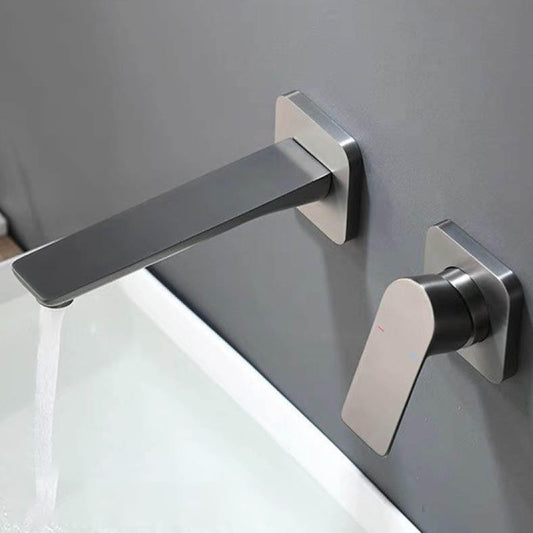 Contemporary Style Faucets Wall Mounted Bathroom Faucet with Lever Handles Clearhalo 'Bathroom Remodel & Bathroom Fixtures' 'Bathroom Sink Faucets' 'Bathroom Sinks & Faucet Components' 'bathroom_sink_faucets' 'Home Improvement' 'home_improvement' 'home_improvement_bathroom_sink_faucets' 6438536