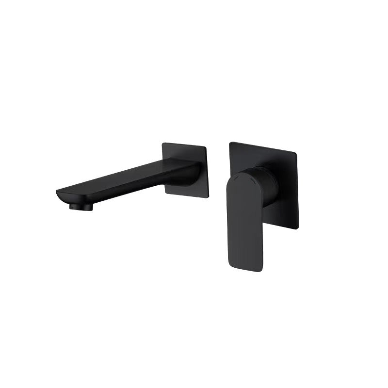 Contemporary Style Faucets Wall Mounted Bathroom Faucet with Lever Handles Black Clearhalo 'Bathroom Remodel & Bathroom Fixtures' 'Bathroom Sink Faucets' 'Bathroom Sinks & Faucet Components' 'bathroom_sink_faucets' 'Home Improvement' 'home_improvement' 'home_improvement_bathroom_sink_faucets' 6438538