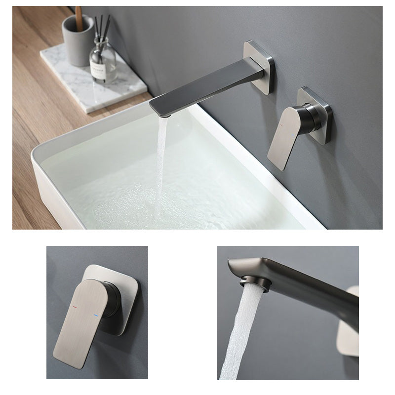 Contemporary Style Faucets Wall Mounted Bathroom Faucet with Lever Handles Clearhalo 'Bathroom Remodel & Bathroom Fixtures' 'Bathroom Sink Faucets' 'Bathroom Sinks & Faucet Components' 'bathroom_sink_faucets' 'Home Improvement' 'home_improvement' 'home_improvement_bathroom_sink_faucets' 6438539