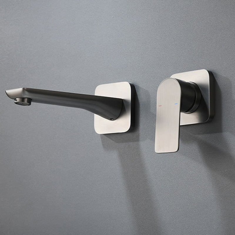 Contemporary Style Faucets Wall Mounted Bathroom Faucet with Lever Handles Clearhalo 'Bathroom Remodel & Bathroom Fixtures' 'Bathroom Sink Faucets' 'Bathroom Sinks & Faucet Components' 'bathroom_sink_faucets' 'Home Improvement' 'home_improvement' 'home_improvement_bathroom_sink_faucets' 6438544