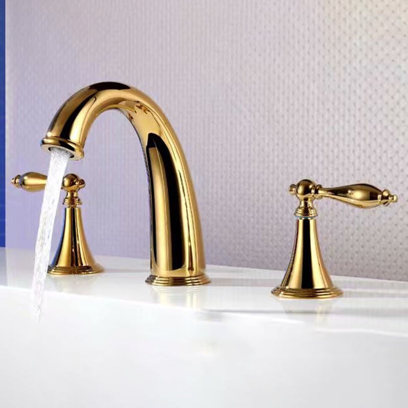 Glam Widespread Bathroom Faucet Lever Handles 3 Holes Low Arc Solid Brass Faucet Gold Clearhalo 'Bathroom Remodel & Bathroom Fixtures' 'Bathroom Sink Faucets' 'Bathroom Sinks & Faucet Components' 'bathroom_sink_faucets' 'Home Improvement' 'home_improvement' 'home_improvement_bathroom_sink_faucets' 6438550